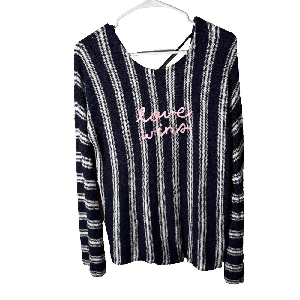 Express Sweater Women's Medium Navy Striped Love Wins Knit Pullover Casual